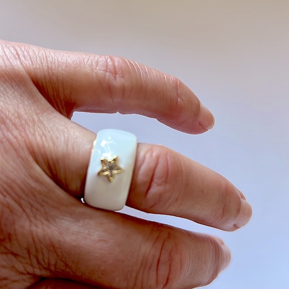 Gold & White Enamel Wide Band With Cubic Zirconia Star - Picture 3 of 6